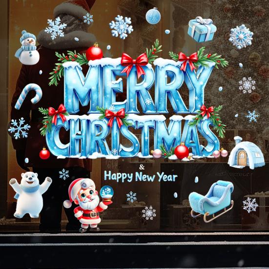 Merry Christmas Window Cling Removable Waterproof Santa Snowman Snowflake Static Glass Sticker Holiday Party Decoration Decal