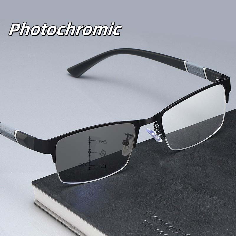 Blue Light Glasses Photochromic Sun Eyewear Half-frame Business Multifocal Presbyopia Glasses Diopter To +4.0 Eyeglasses for Men