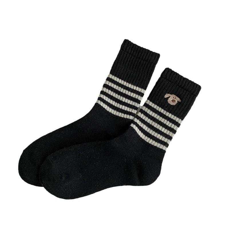 Korean Style Women's Mid-Calf Socks - Autumn/Winter Striped, Cartoon Puppy Embroidery, Warm Vintage Design