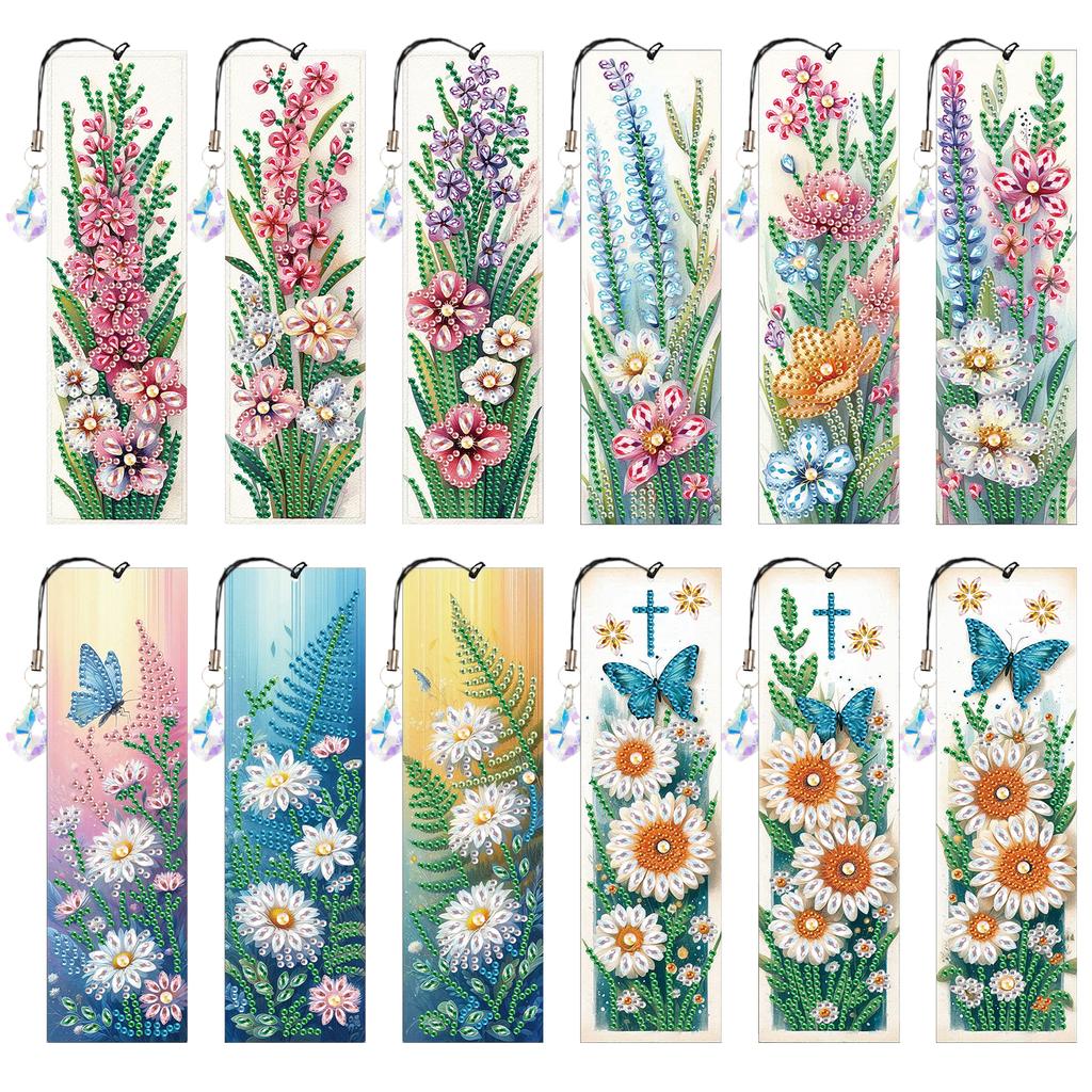 12Pcs Flower Animal DIY Diamond Bookmark Art Projects with Crystal Pendant Diamond Art Bookmark for Adults Book Lovers