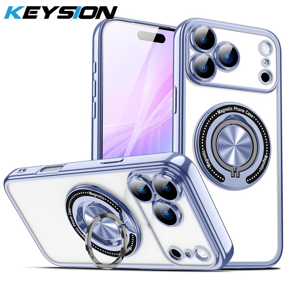KEYSION Plating Transparent TPU Magnetic Case for MagSafe for iPhone 16 17 Pro Max 17 Air PC Ring Stand Lens Protect Phone Cover