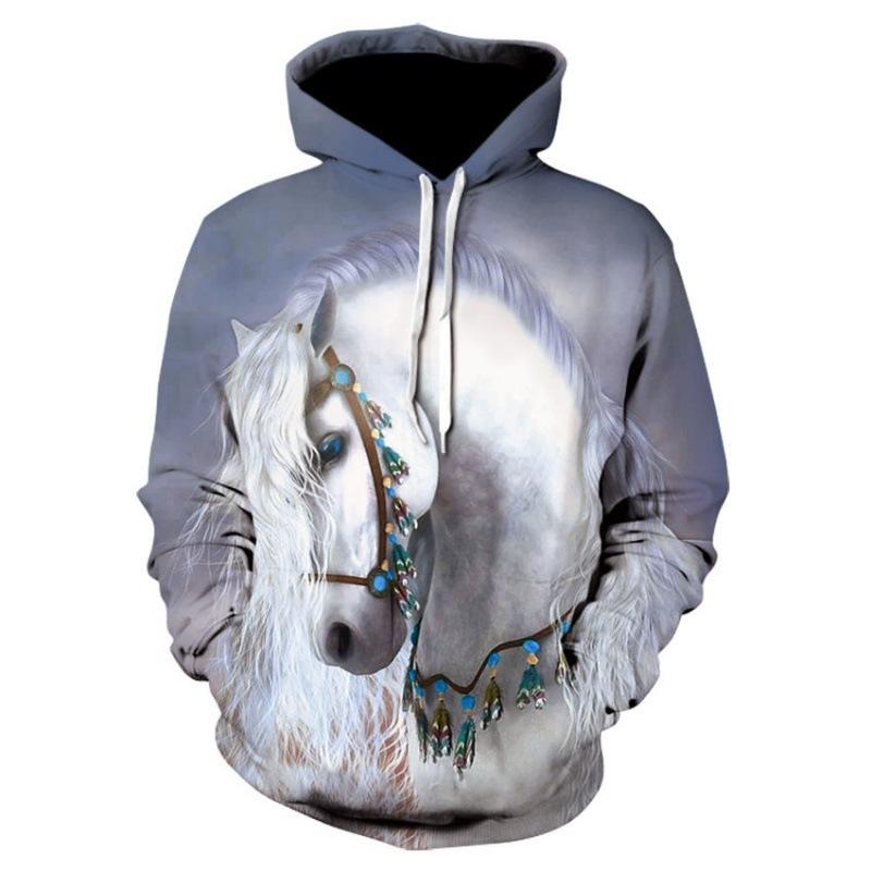 Hayvan At 3D Baskılı Kapüşonlu Sweatshirt Erkek Kadın Moda Sokak Giyimi Oversize Kapüşonlular Kazaklar Kapüşonlu Sweatshirtler Erkek Üstler Erkek Giyim
