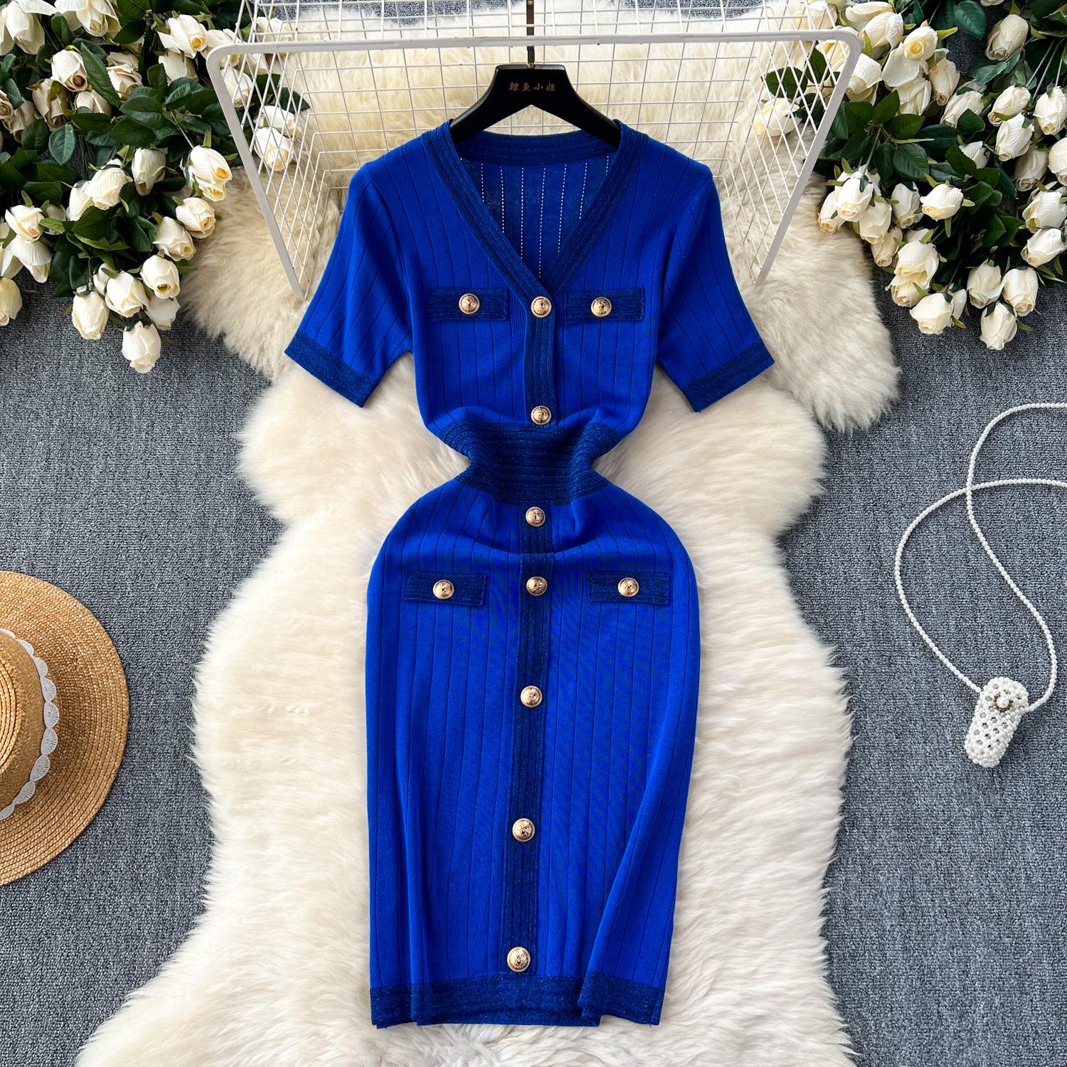 

Винтажное шикарное вязаное милое платье с коротким рукавом и v-образным вырезом на пуговицах, Vestidos, корейские модные вечерние базовые тонкие летние элегантные женские платья One Size синий