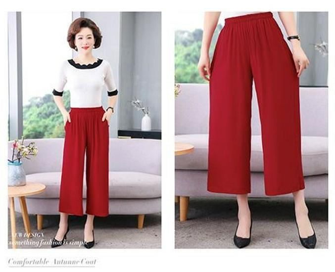 Women's Plus Size Elastic Waist Cotton Silk Pants - High-Waisted, Loose, Solid Color, Straight-Leg, Summer Style for Middle-Aged & Elderly