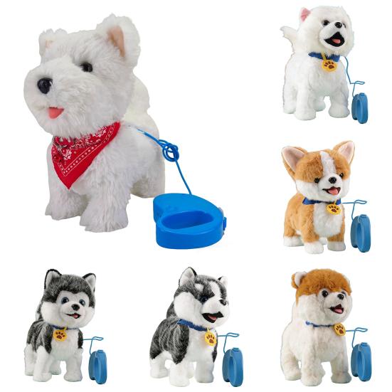 Elektryczna Pluszowa Zabawka Pies z Smyczą Liżący Język Chodzący Szczeniak Pluszak z Czujnikiem Dotykowym