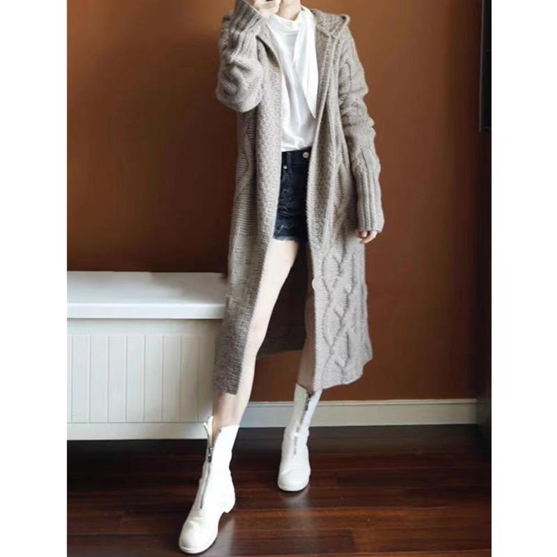 Autumn Winter Loose Knitted Women Hooded Long Sweater Coats Casual Korean Fashion Solid Color Elegant Jacket Twist Thick Cardigan Sweaters Clothing