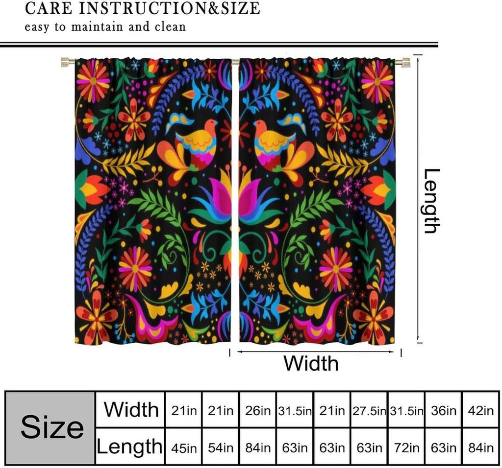 Mexican Folk Art Curtains Colorful Bird Flower Print for Living Room Boho Window Decor