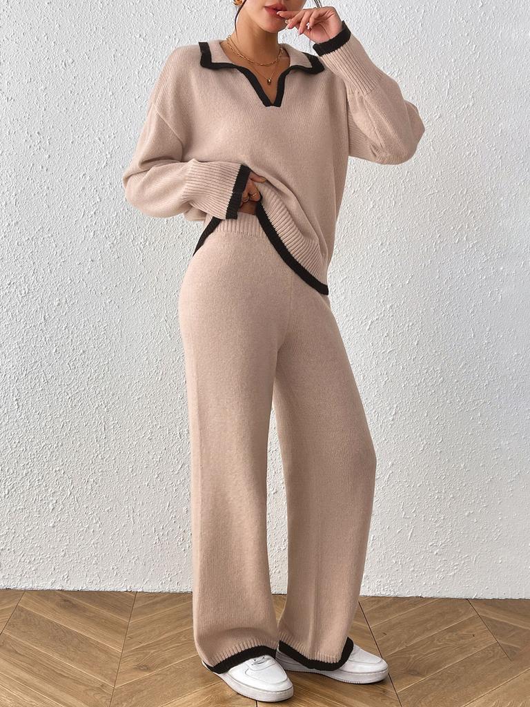 Women S Two Piece Set Polo Neck Long Sleeve Sweater And Wide Leg Pants