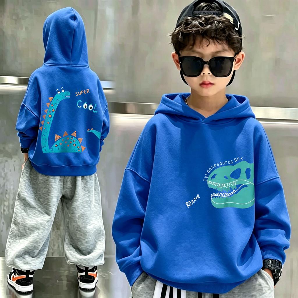 Children's hooded sweatshirt,dinosaur double-sided printed boys'and girls'fall-winter warm children's clothing, loose fit design