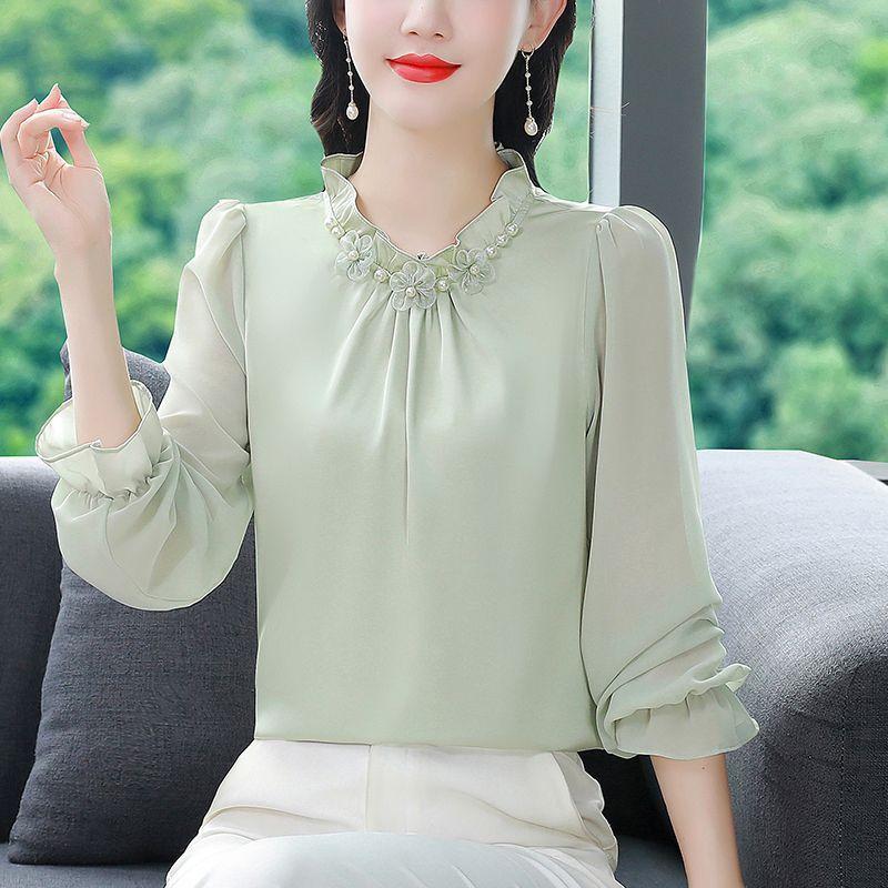 Spring Autumn Beading V-neck Temperament Solid Shirt Women Long Sleeve Ruffles Elegant Blouse Pullover Top