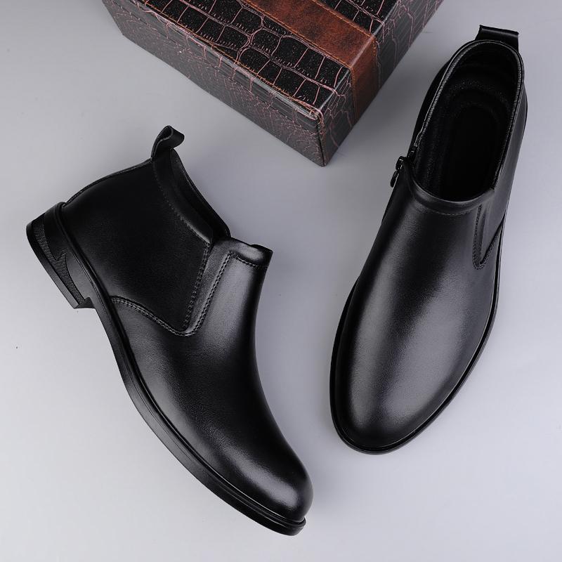 Fashion Winter Mens Genuine Leather Boots Classic  High Quality Ankle Boots with Zippers New Fashion Warm Plush Fur High Top Male Botas