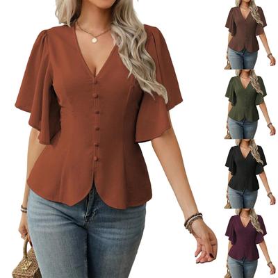 Women's Fashion Color V Neck Single Breasted Waist Short Sleeved Top