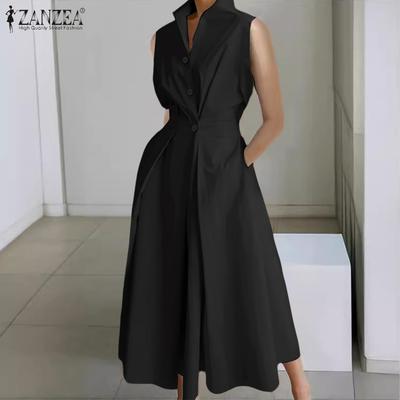 Women Casual Turn Down Collar Loose Summer Sleeveless Dress