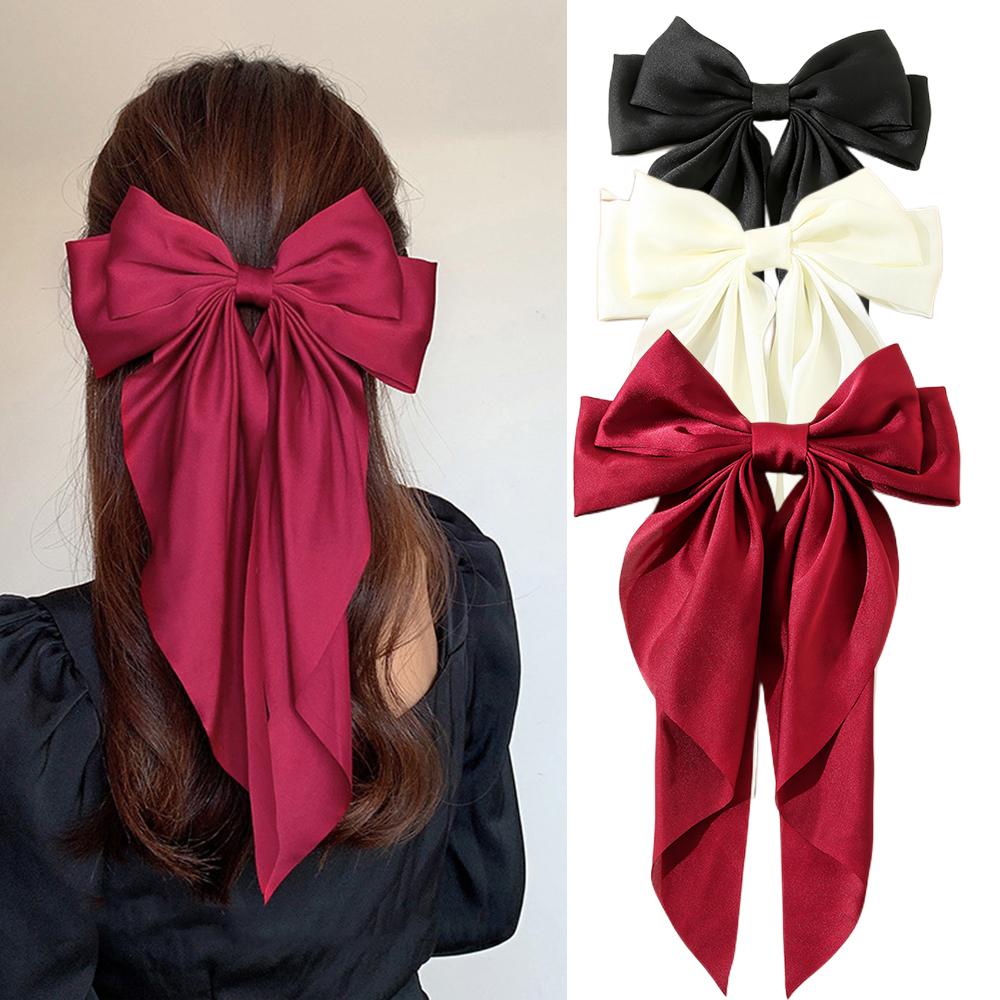 Korean Accessories Hair Clips for Women Girls Big Bowknot Solid Satin Long Ribbon Bows Spring Clamp Barette Cheveux Femme 2026