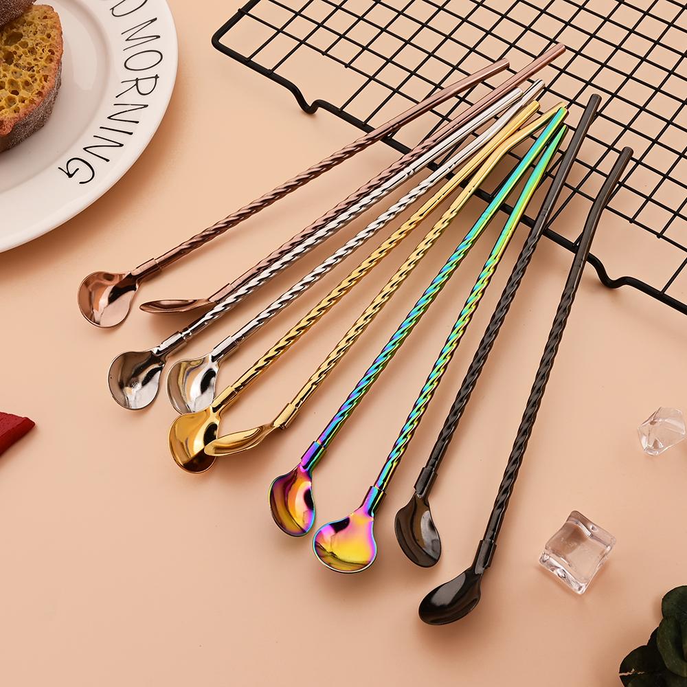 6Pcs Reusable Stainless Steel Spoon Straws, Long Handle Drinking Spoon Straws for Ice Cream Sundaes, Coffee, Cold Drink, Iced Tea