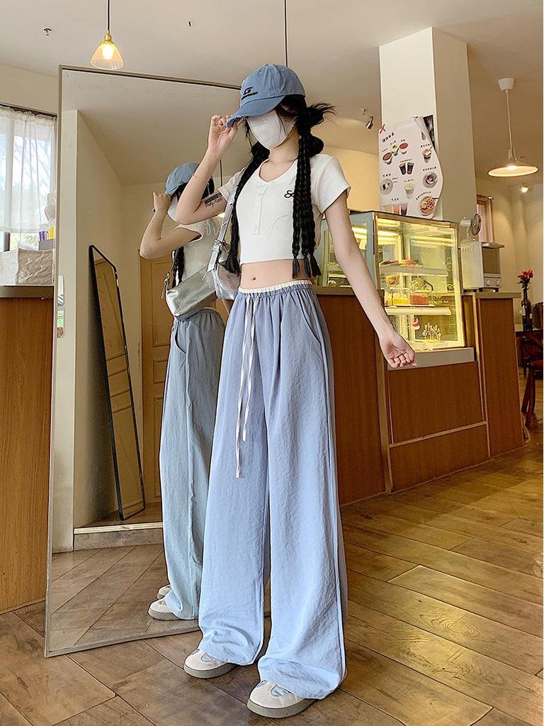 Korean Retro Colorblock Ice Silk Wide-Leg Summer Pants for Women