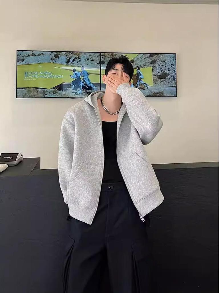 2024 Autumn/Winter American Style Heavyweight Double Zipper Hoodie - Trendy Solid Color Cardigan with Air Layer and Cool Design