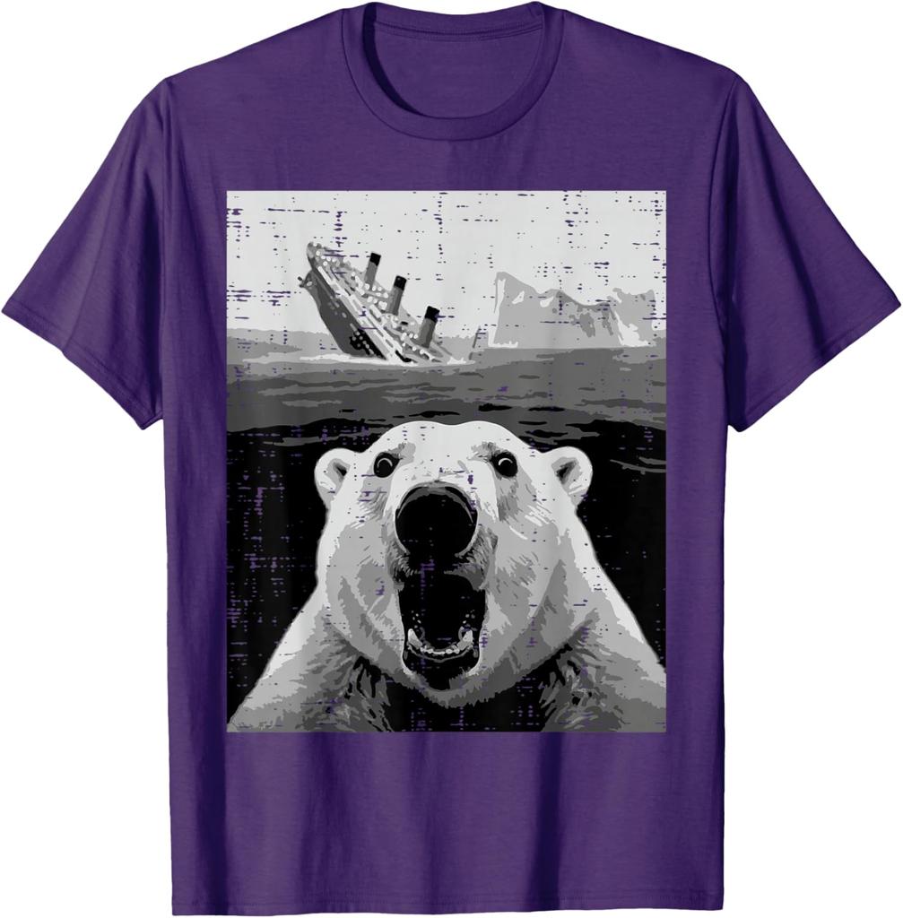 Polar Bear Sinking Titanic Meme Graphic Tee Funny Casual Short Sleeve TShirt for Men Women