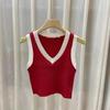 Summer New American Retro College Style Color Contrast Sweet and Spicy Short V-neck with A Small Vest Top with Halter