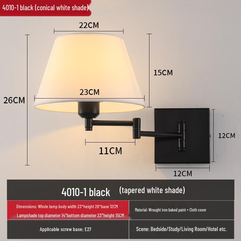 Modern LED Swing Arm Wall Light with Fabric Shade for Bedroom, Study, or Living Room.