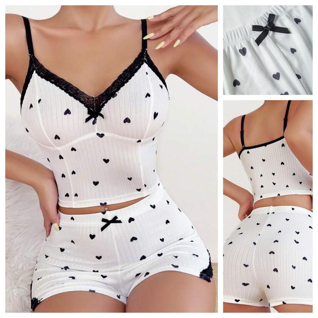 Casual Lace Bow Suspender Shorts Ladies Loungewear Set, New