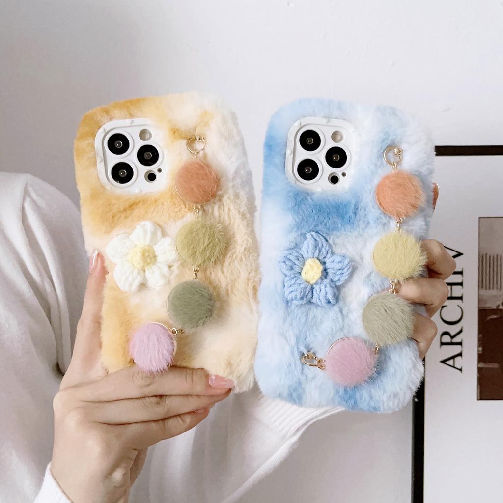 Applicable to iphone14 plush mobile phone case gradual change flower bracelet 13pro plush case apple 12TPU soft case