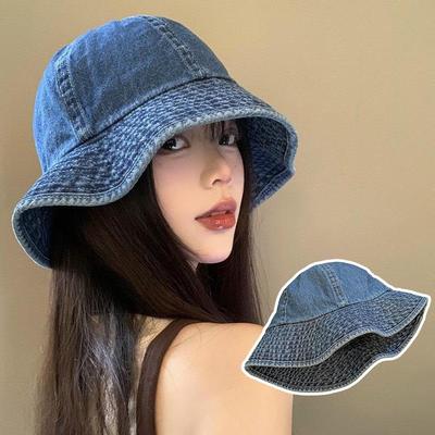 Koreanischer Denim Fischerhut für Damen Einfarbig Outdoor Große Krempe Sonnenschutz Fischerhüte Vintage JK Mädchen Sonnenschutz Cowboyhüte