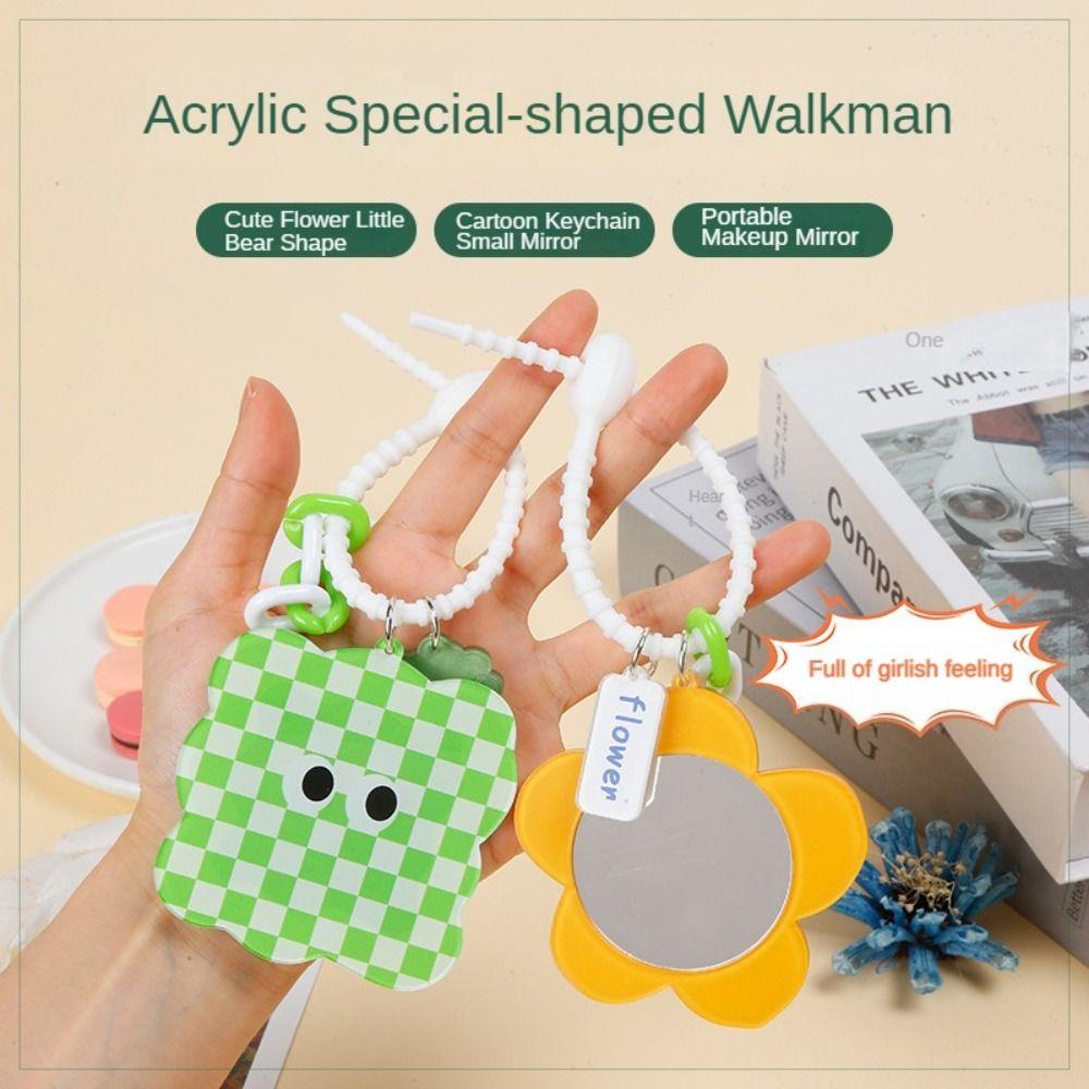 Acrylic Flower Small Mirror Cartoon Keychain Little Bear Cosmetics Keyring  Bag Accessories