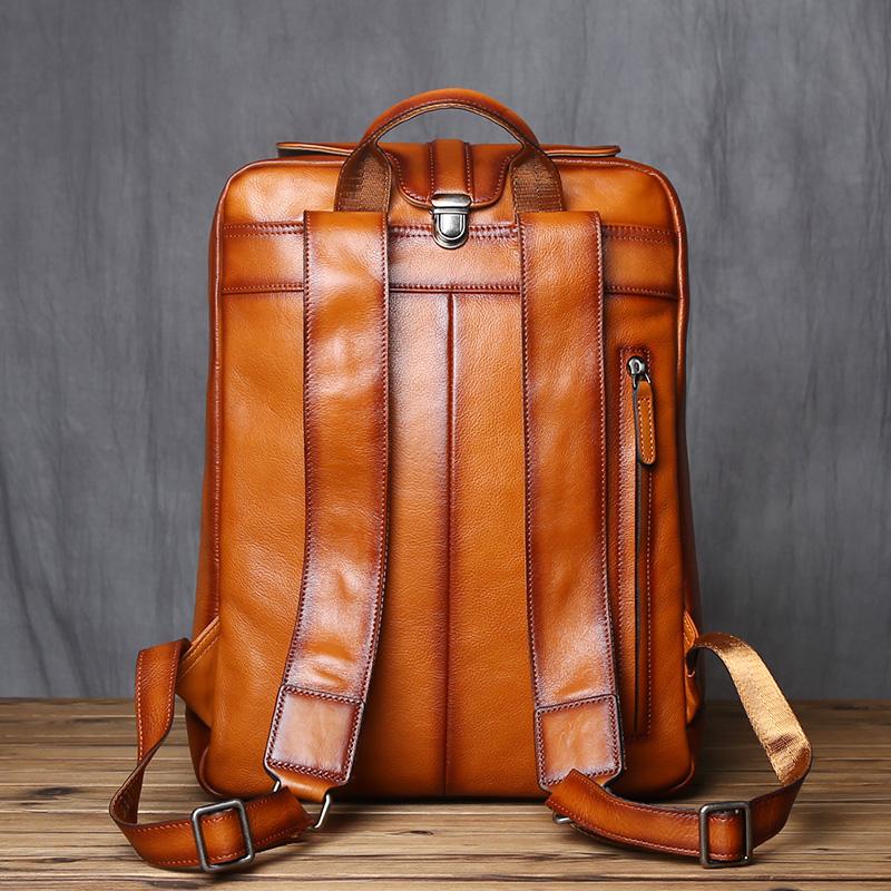 NZPJ Vintage Genuine Natural Cowhide Leather Men's Backpack Casual Business Laptop Bag Trendy School Travel Bag