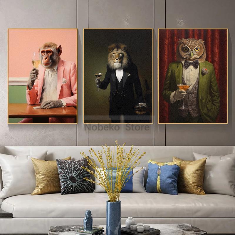 Vintage Animal Cocktail Poster Trendy Antique Prints Canvas Painting Funny Kitchen Wall Art Home Room Retro Bar Cart Decoration