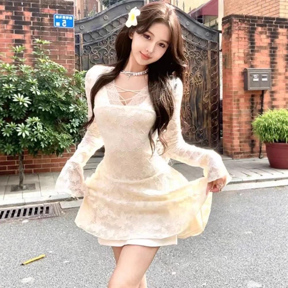 Korean pure desire style V-neck long-sleeved lace dress autumn and winter new slim-fitting waist and thin A-word short skirt women