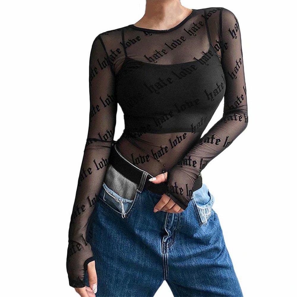 Sexy triko ze síťoviny s průhledným gotickým dopisním potiskem Summer Starry Angle Print Mesh Perspective Short Top