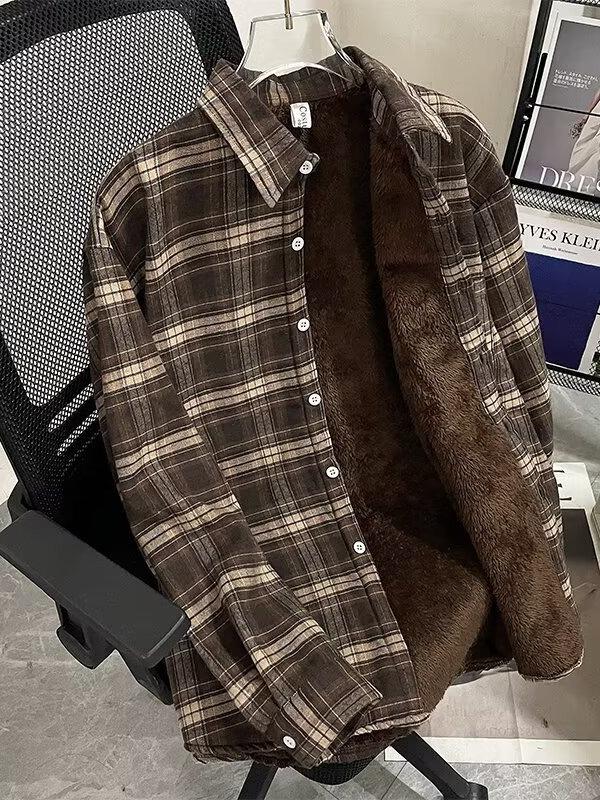 Camisa Xadrez Masculina Forrada com Lã - Jaqueta Casual Retrô de Manga Comprida para Outono/Inverno