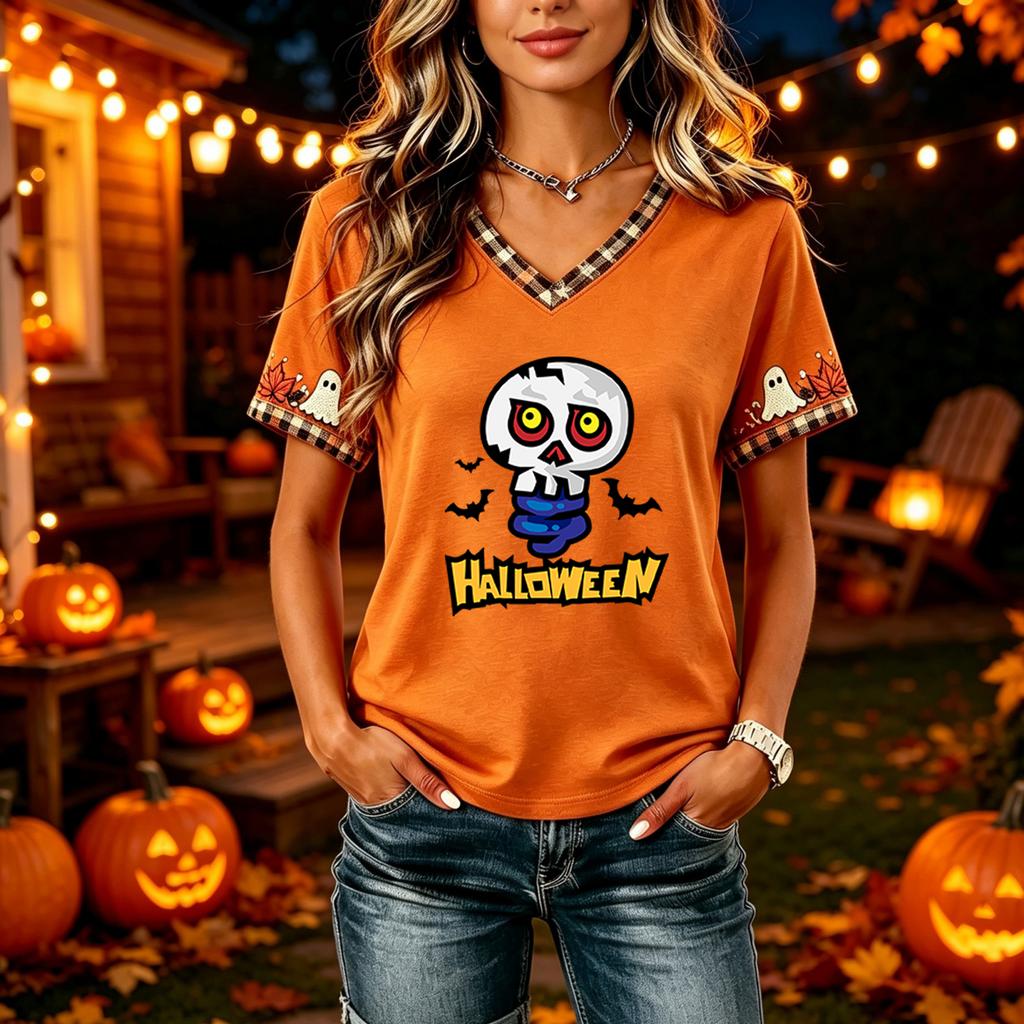Tricouri Femei Halloween cu Decolteu în V Top cu Dovleac Tricou Casual Top pentru Petrecere de Sărbătoare