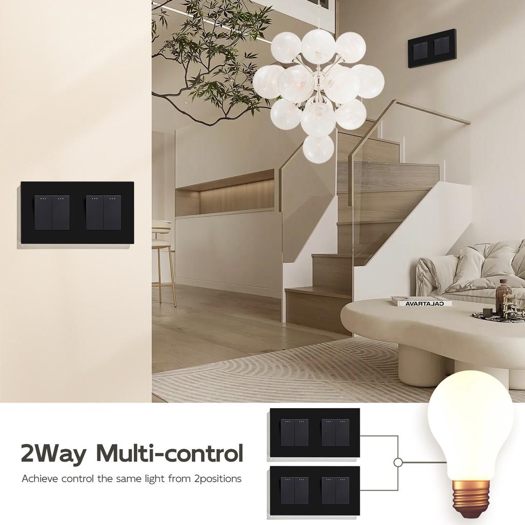 BSEED 1/2/3Gang Mechanical Light Switches 2way For Stairs Corridors with EU Power Sockets USB Type-c Ports Glass Panel Black
