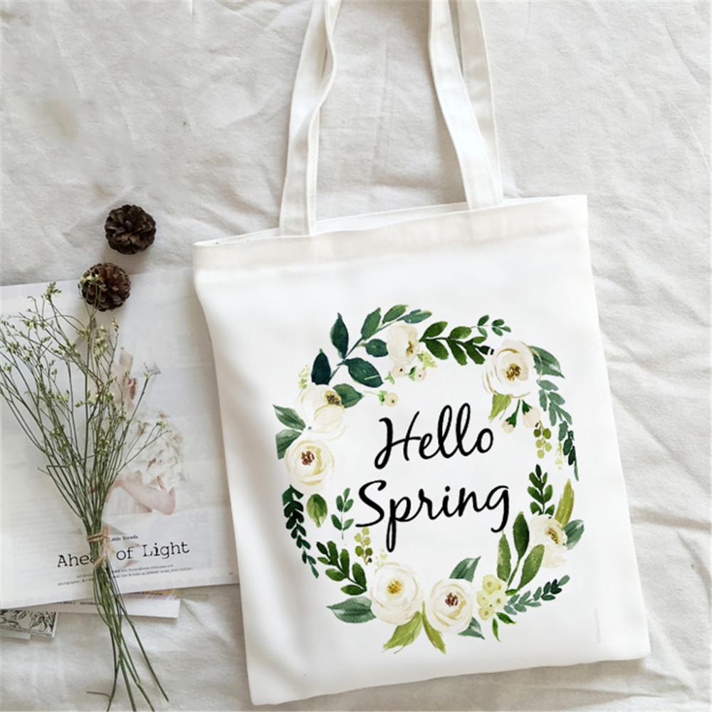 Dobrý den Jarní Květiny Potisk Nákupní Taška Ženy Plátěná Taška přes Rameno Ulzzang Eko Velkokapacitní Dámská Nákupní Taška Kabelka