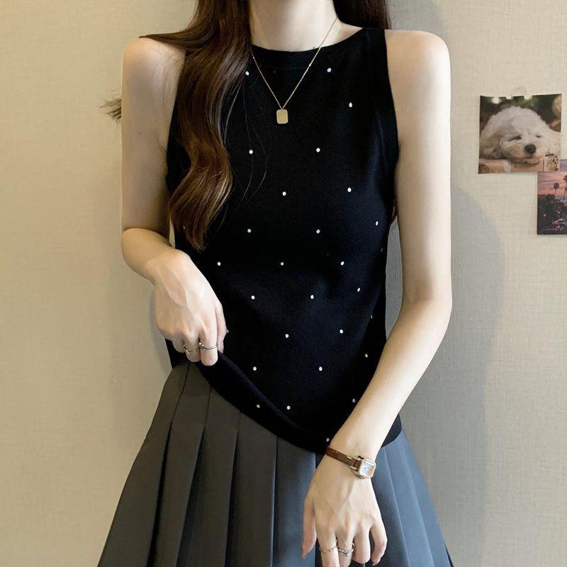 Women s Polka Dot Sleeveless Camisole - Summer 2026 Ice Silk Knitwear M (90-100 jin) чёрный