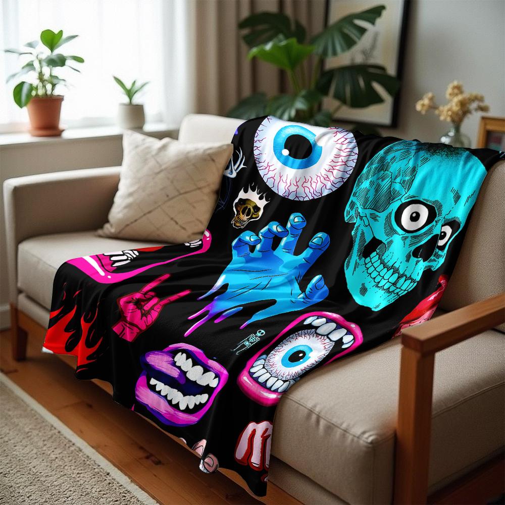 Horror Eye Mouth Cartoon Anime Print Flannel Blanket Soft Warm Throw for Kids Bedroom Sofa Christmas Office Car