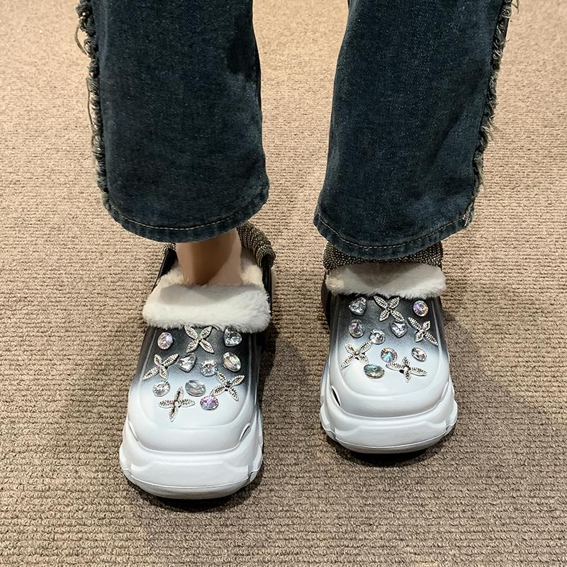 fashion 2024 New Autumn and Winter Women's Casual and Comfortable Solid Color Plush Rhinestone Metal Decorative Cotton Slippers