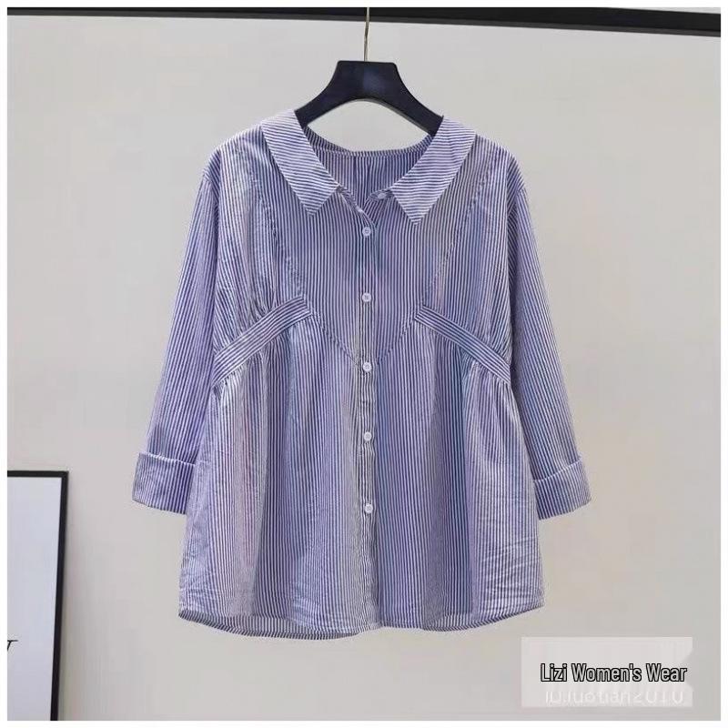 

Женская хлопковая рубашка светло-голубого цвета в полоску с приталенным силуэтом и длинными рукавами, Осень 2022. Medium темно-синий