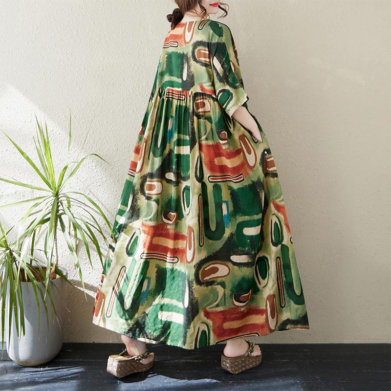 DIMANAF 2024 Übergröße Kleid Neu Sommer Basic Locker Damen O-Ausschnitt Vintage Kurzarm Große Größe Strand Langes Kleid