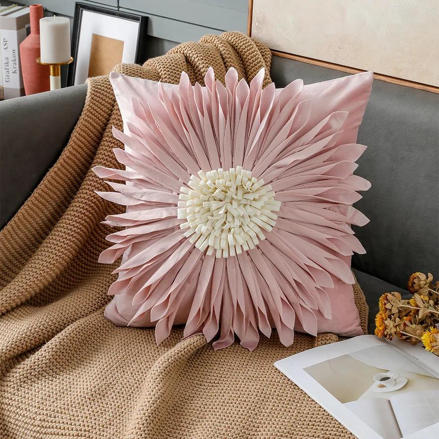 Fashion Modern Style Pink White Throw Pillows 45*45cm Velvet Stitching 3D Chrysanthemum Cushion Waist Pillow Blue Cushion Case