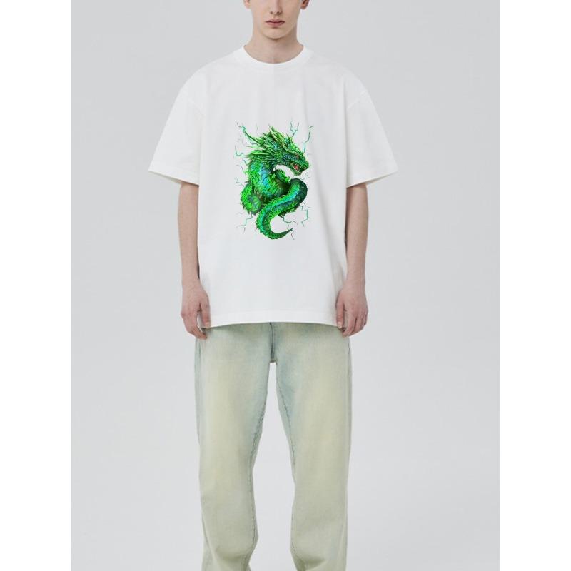 Rundhals T-Shirt Weiß Grüner Drachen-Print Freizeitkleidung