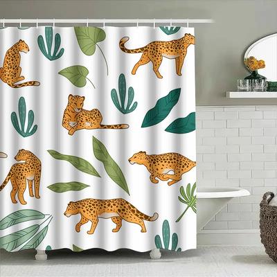 Animal Print Shower Curtain Leopard Pattern, Green Leaves Cacti, Home Decor, Customizable Sizes for Bathroom Decoration