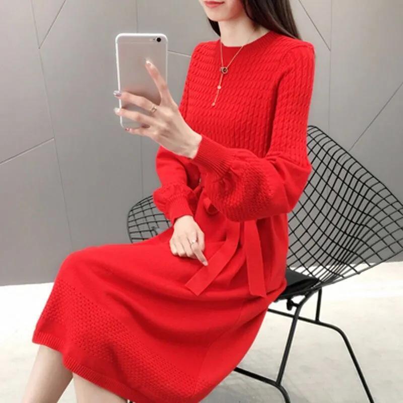 Women Autumn and Winter Long Sleeve Sweater Dress Solid Color O-Neck Lantern Sleeve Elegant Knitted Dresses