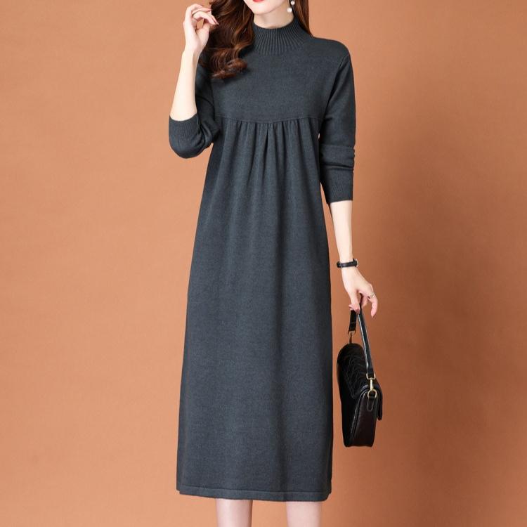 Knitted Dress for Women Loose Mid-length Sweater Long-sleeved Casual Sweater Dress for Autumn and Winter