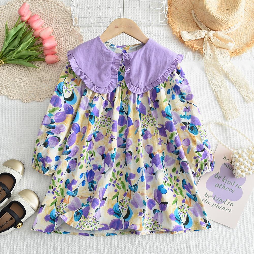 Girls Autumn Floral Print Dress With Peter Pan Collar Elegant Turn Down Collar Princess Dress For Kids 100cm фиолетовый