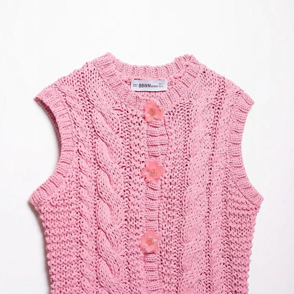 2025 Spring Women's European & American Floral Button Knitted Vest