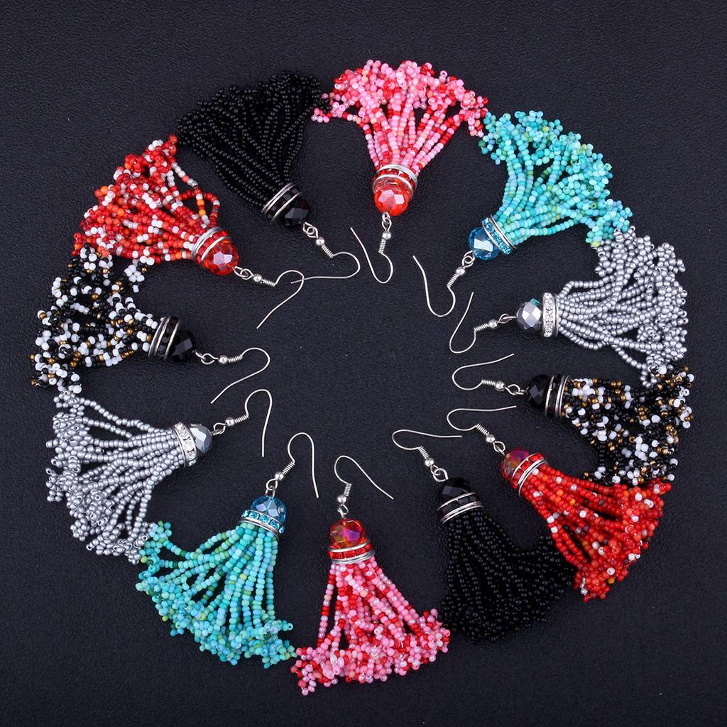Women Teens Ethnic Bohemian Exaggerated Tassels Dangle Rhinestone Earrings Handmade Eardrop