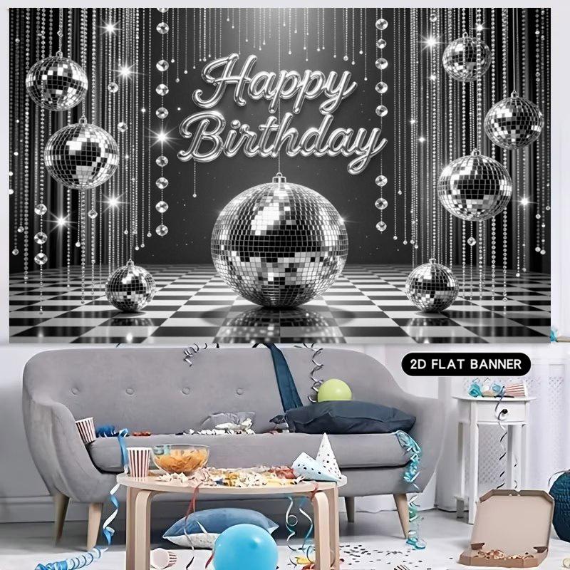 2D flat 1pc disco ball happy birthday party banner, shiny sequin pattern, with dangling beads and sparkly design